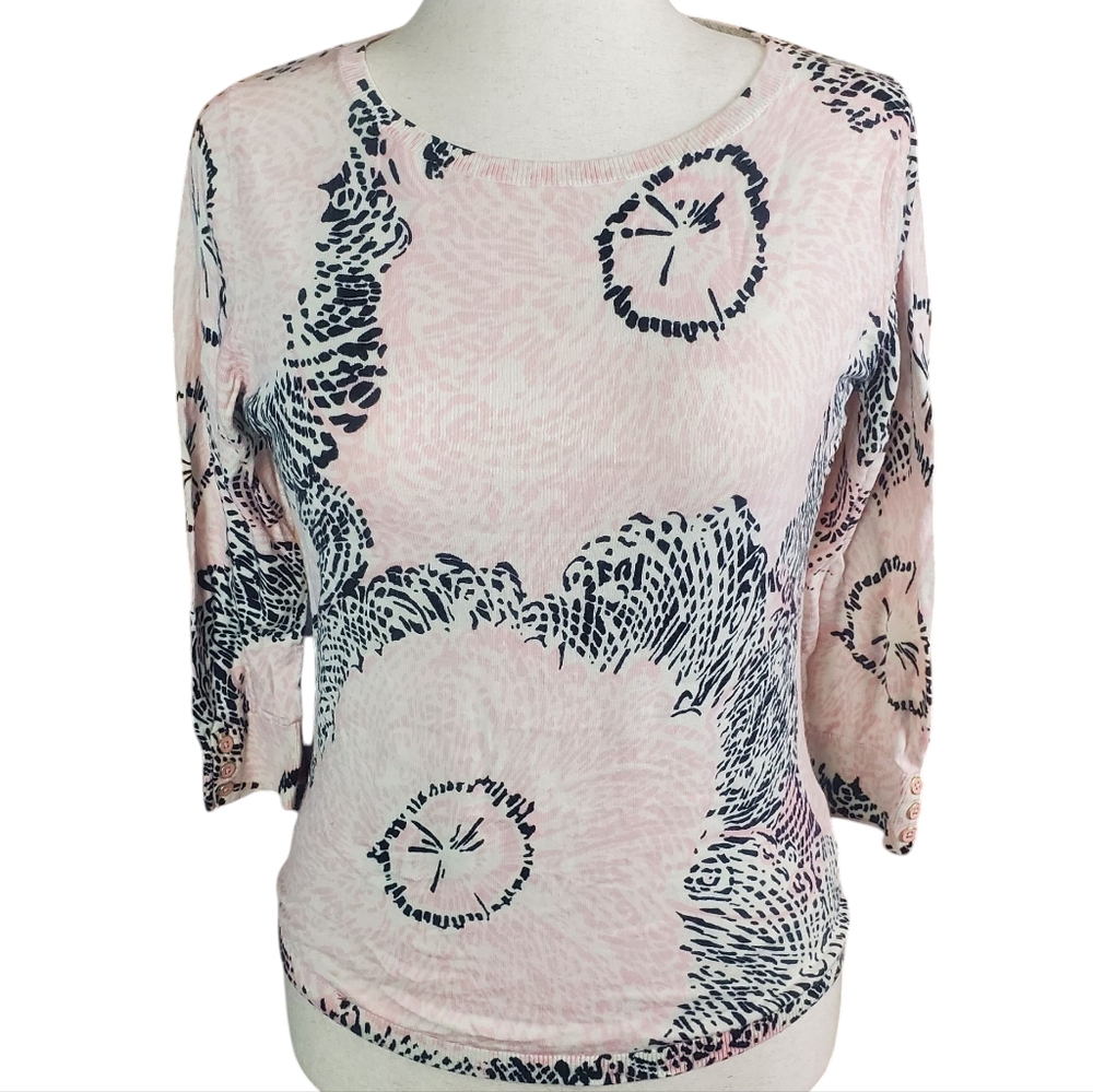 Talbots Cotton Colorful 3/4 Sleeve Sweater Floral Lightweight Med Preppy Stretch